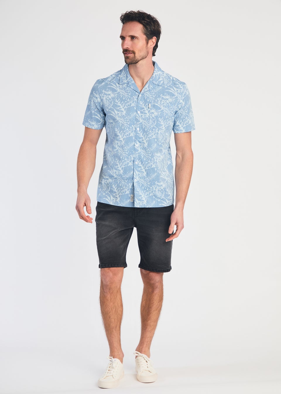 Tokyo Laundry Blue Cotton Printed Chambray Short Sleeve Shirt