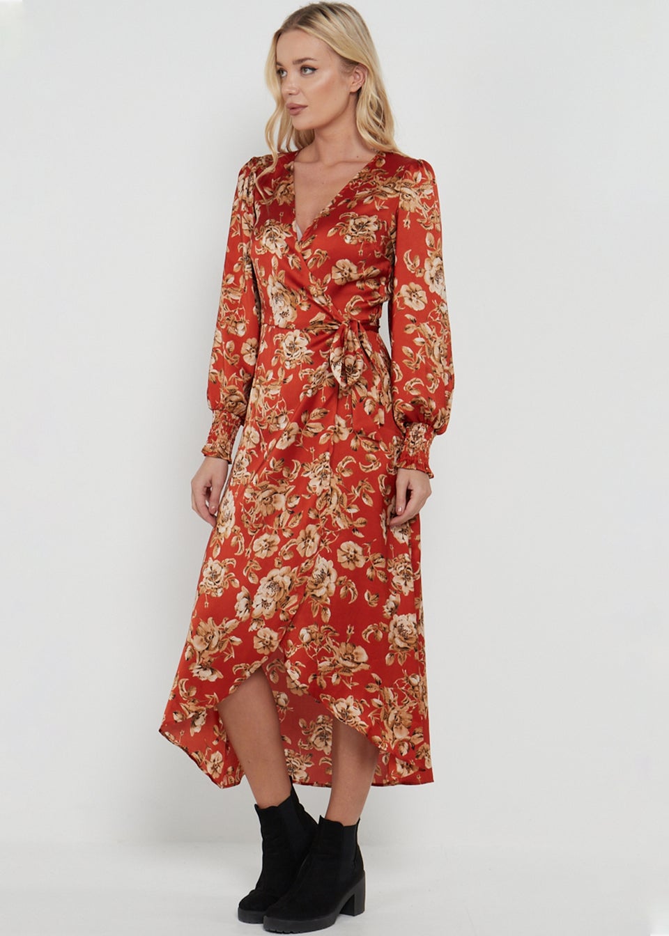 Gini London Red Floral Printed Tie Waist Wrap Midi Dress