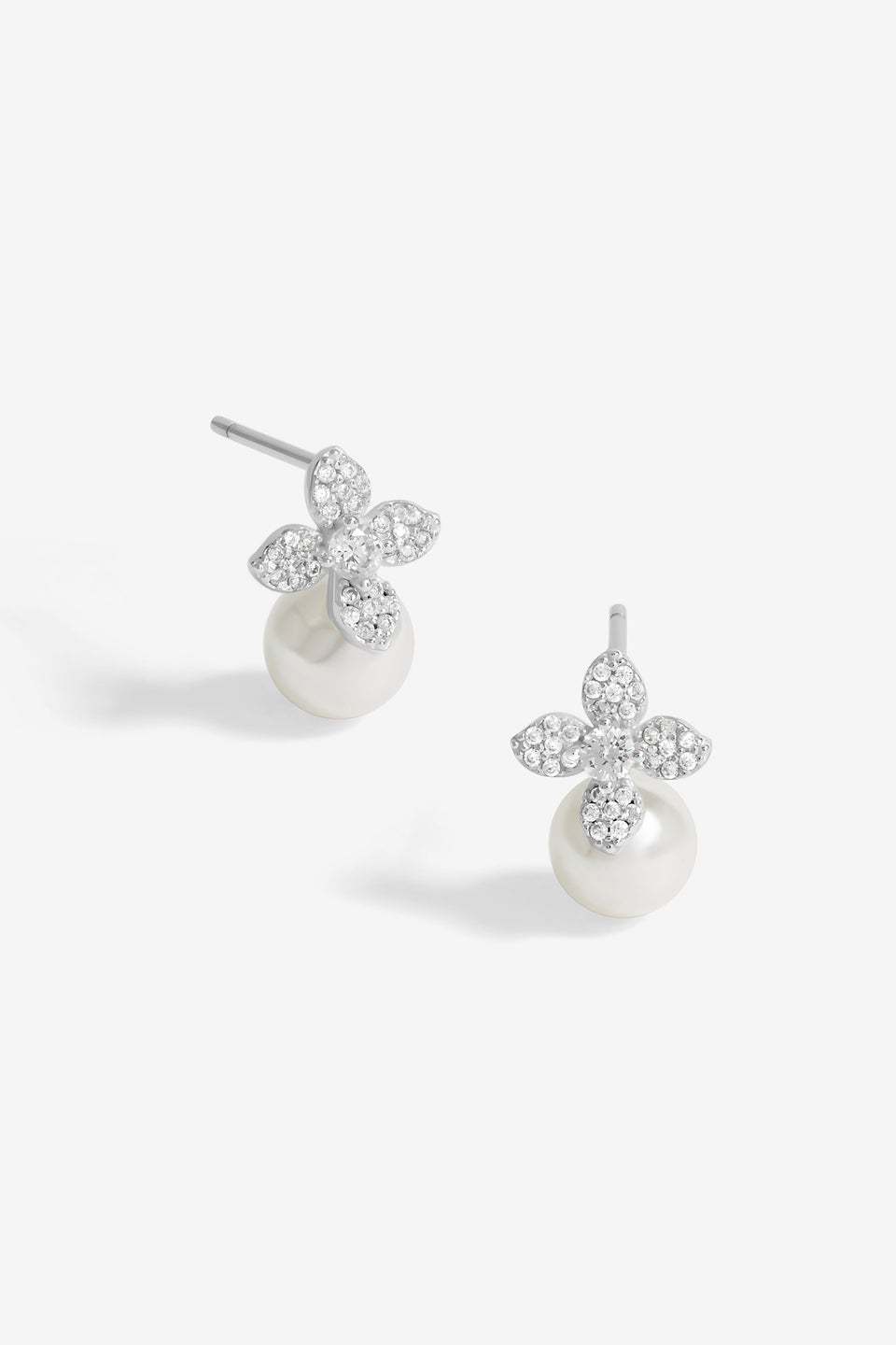 Simply Silver Sterling Silver 925 Cubic Zirconia Flower & Pearl Drop Stud Earrings