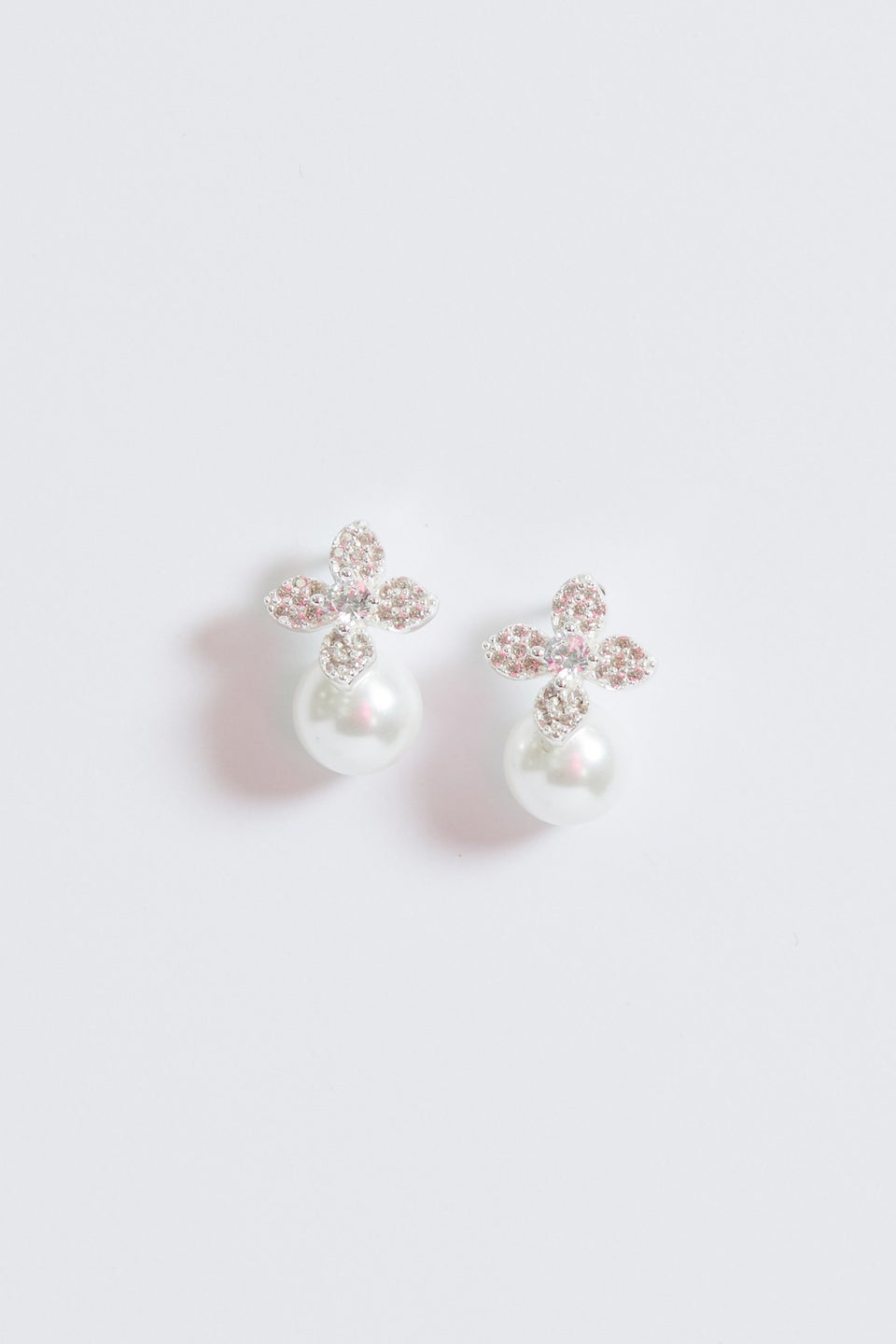 Simply Silver Sterling Silver 925 Cubic Zirconia Flower & Pearl Drop Stud Earrings