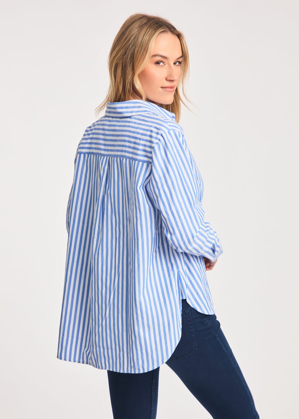 French Connection Blue Relaxed-Fit Striped Popover High-Low Hem Shirt