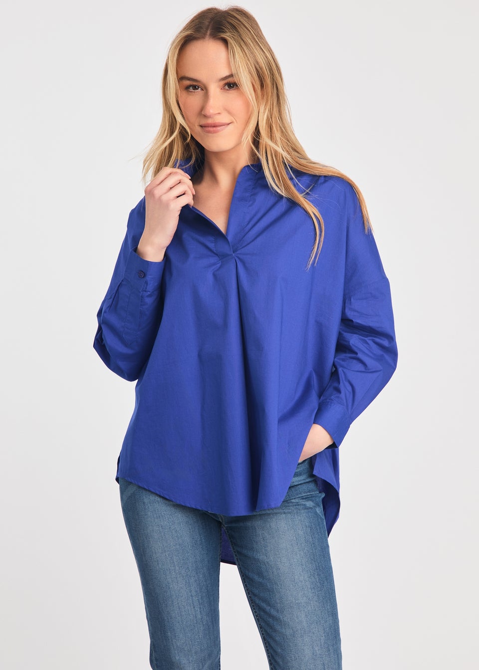 French Connection Blue Cotton Long Sleeve Poplin Popover High-Low Hem Shirt