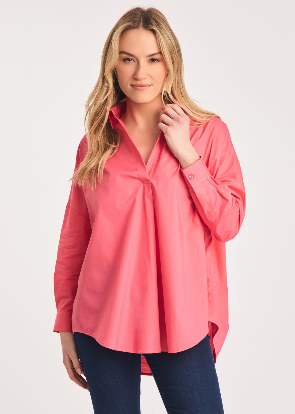 French Connection Pink Cotton Long Sleeve Poplin Popover High-Low Hem Shirt