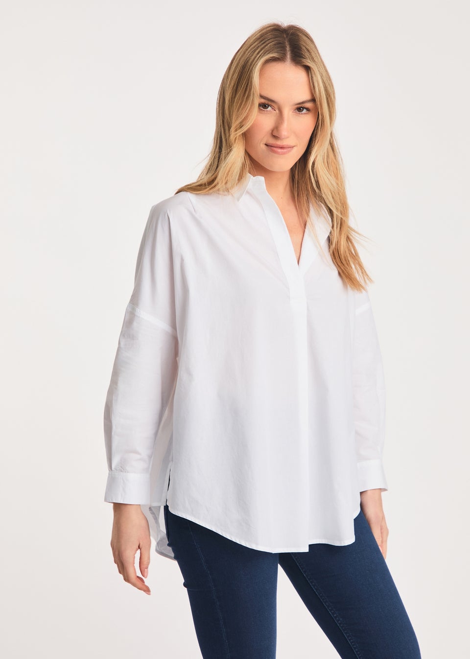 French Connection White Cotton Long Sleeve Poplin Popover High-Low Hem Shirt