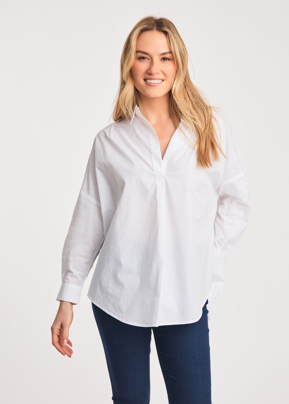 French Connection White Cotton Long Sleeve Poplin Popover High-Low Hem Shirt