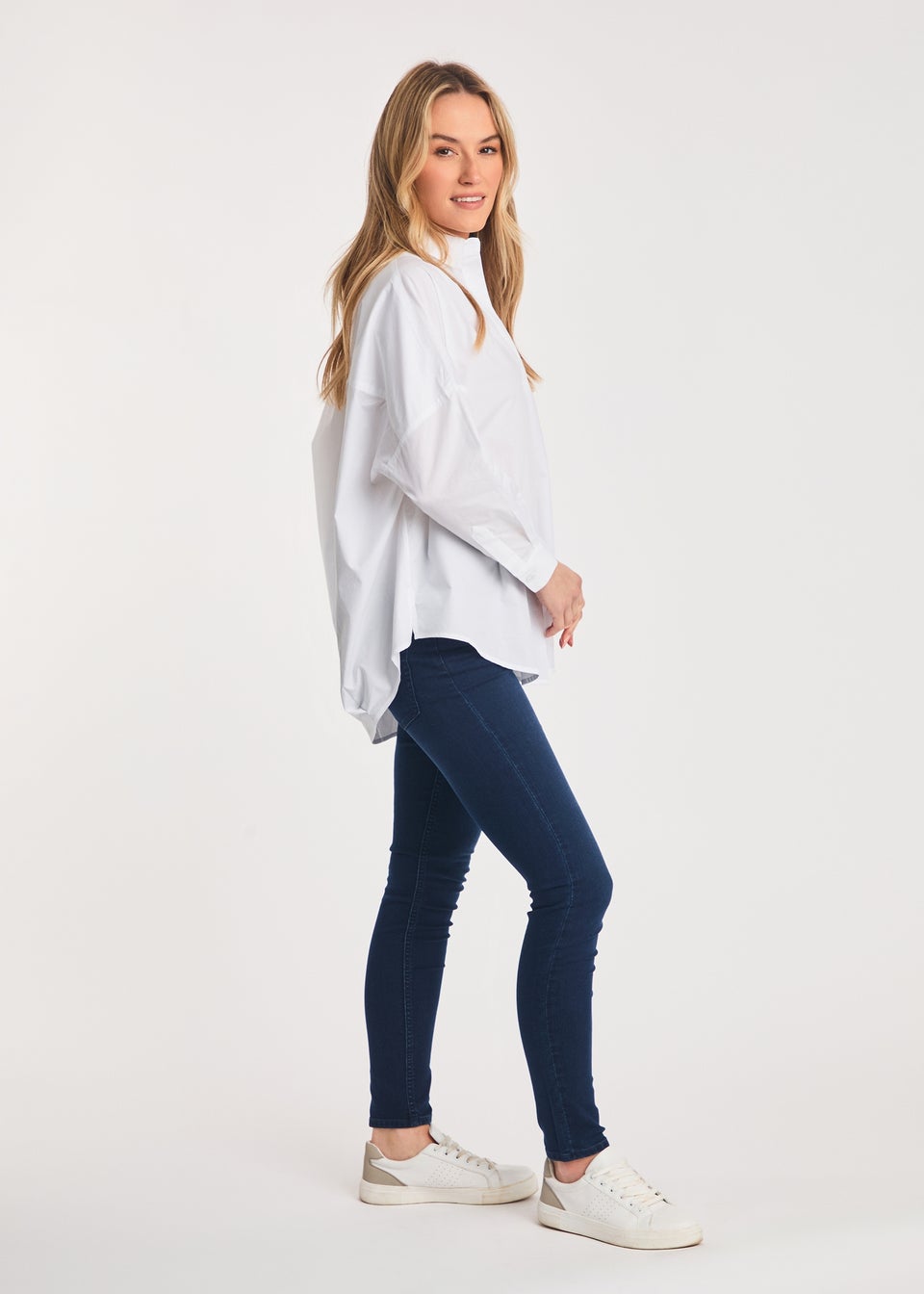 French Connection White Cotton Long Sleeve Poplin Popover High-Low Hem Shirt