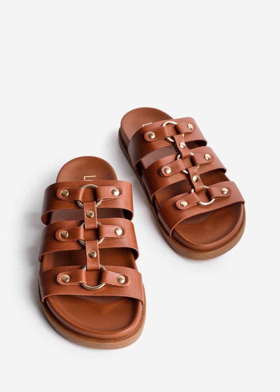 Linzi Marcia Tan Faux Leather Studded Gladiator Slip On Sandals