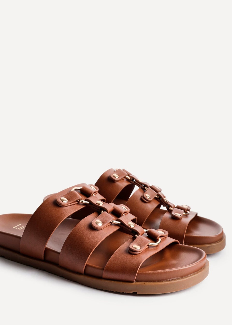 Linzi Marcia Tan Faux Leather Studded Gladiator Slip On Sandals