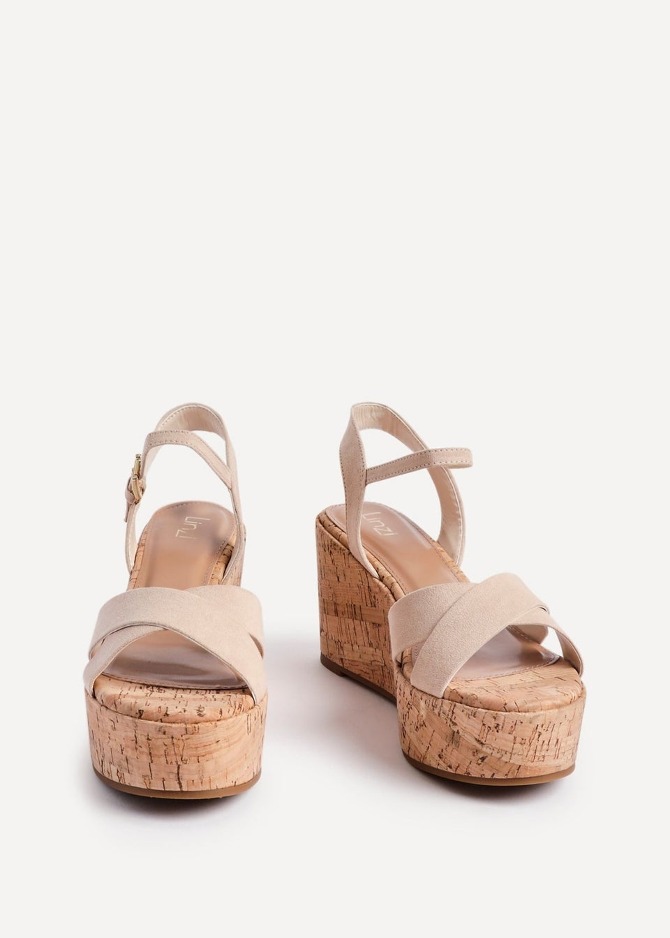 Linzi Vivid Sand Faux Suede Crossover Cork Wedge