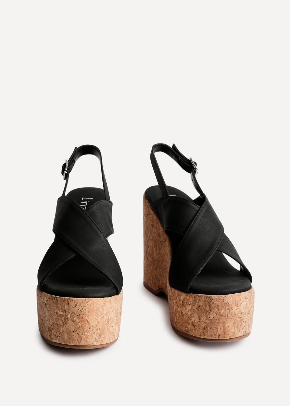 Linzi Santana Black Faux Leather Crossover High Platform Cork Wedge