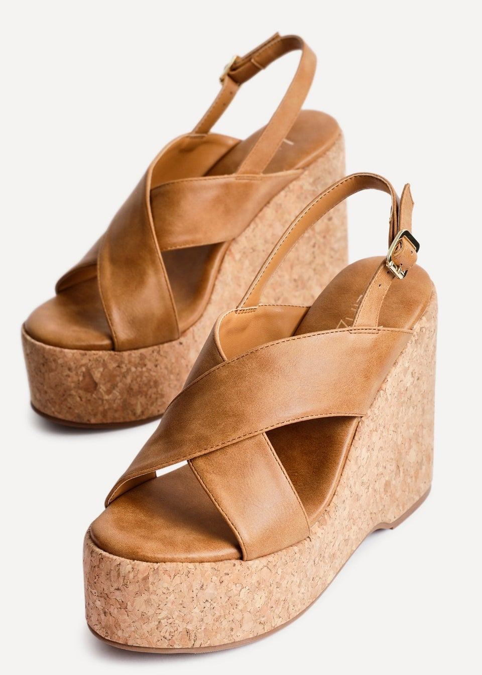 Linzi Santana Tan Faux Leather Crossover High Platform Cork Wedge