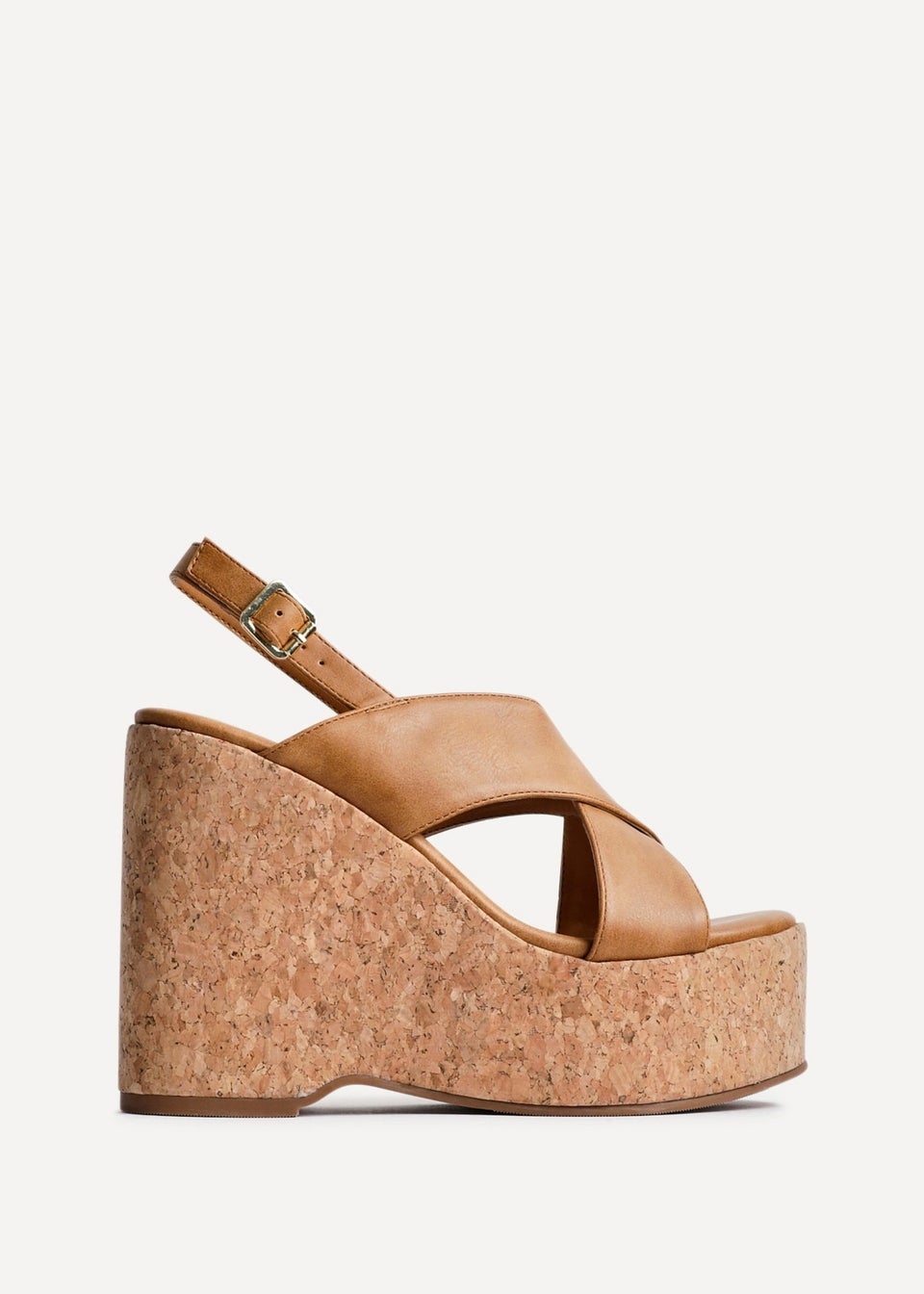 Linzi Santana Tan Faux Leather Crossover High Platform Cork Wedge
