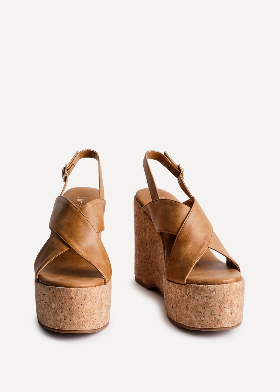 Linzi Santana Tan Faux Leather Crossover High Platform Cork Wedge
