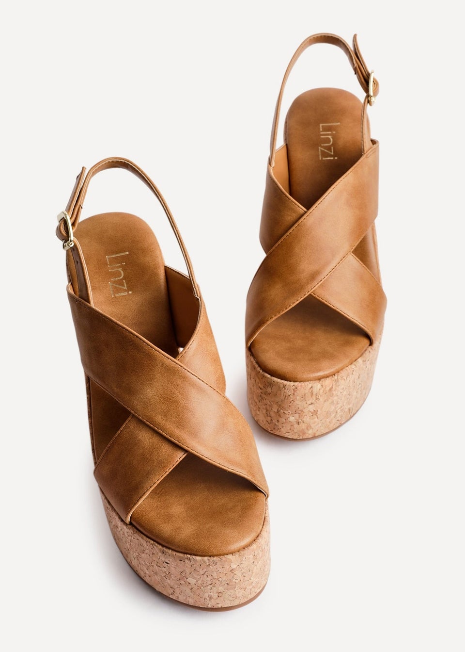Linzi Santana Tan Faux Leather Crossover High Platform Cork Wedge