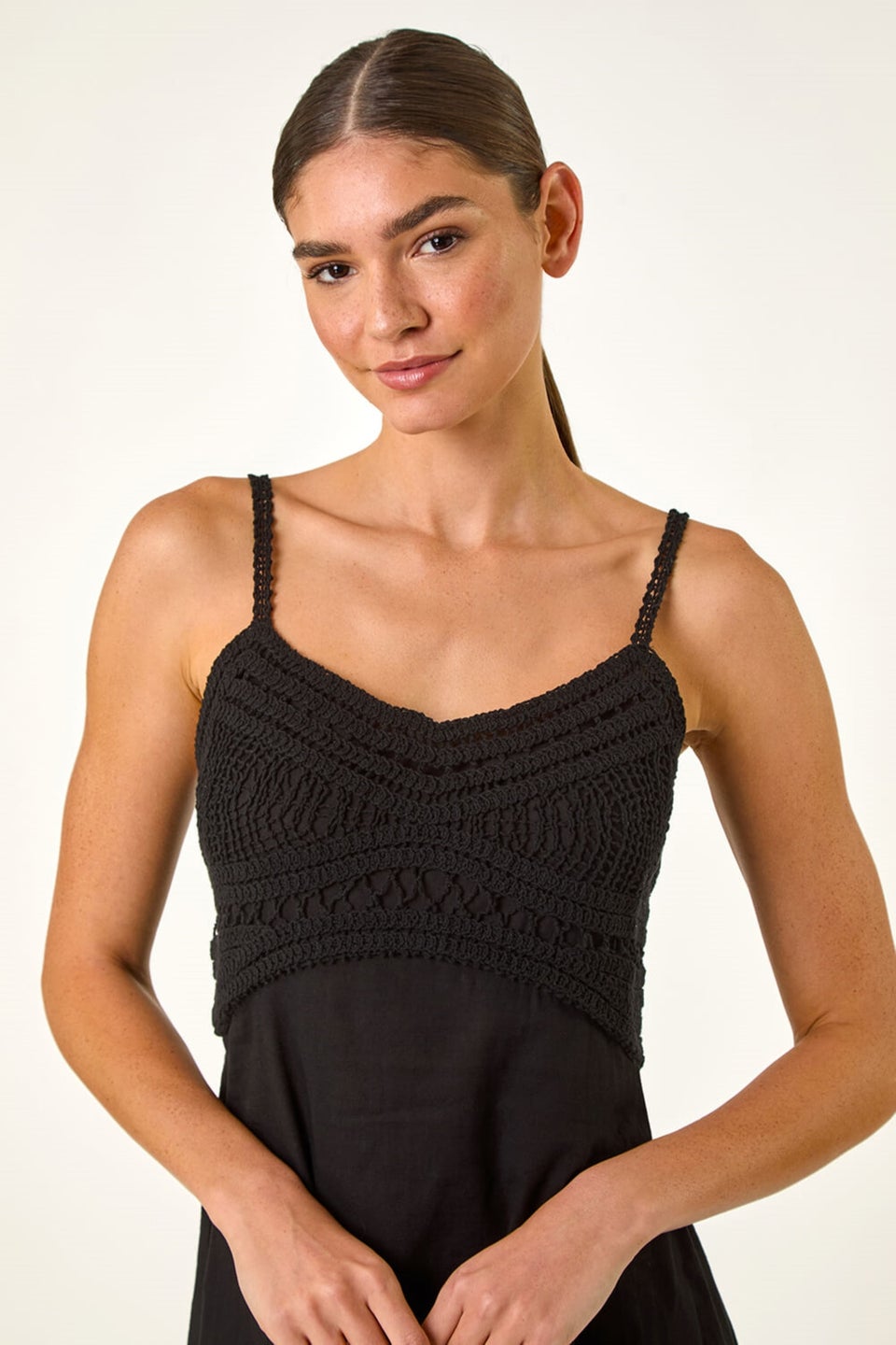 Roman Black Lace Panel Strappy Midi Dress