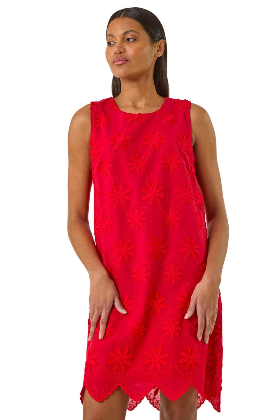 Roman Red Flower Embroidered Shift Dress