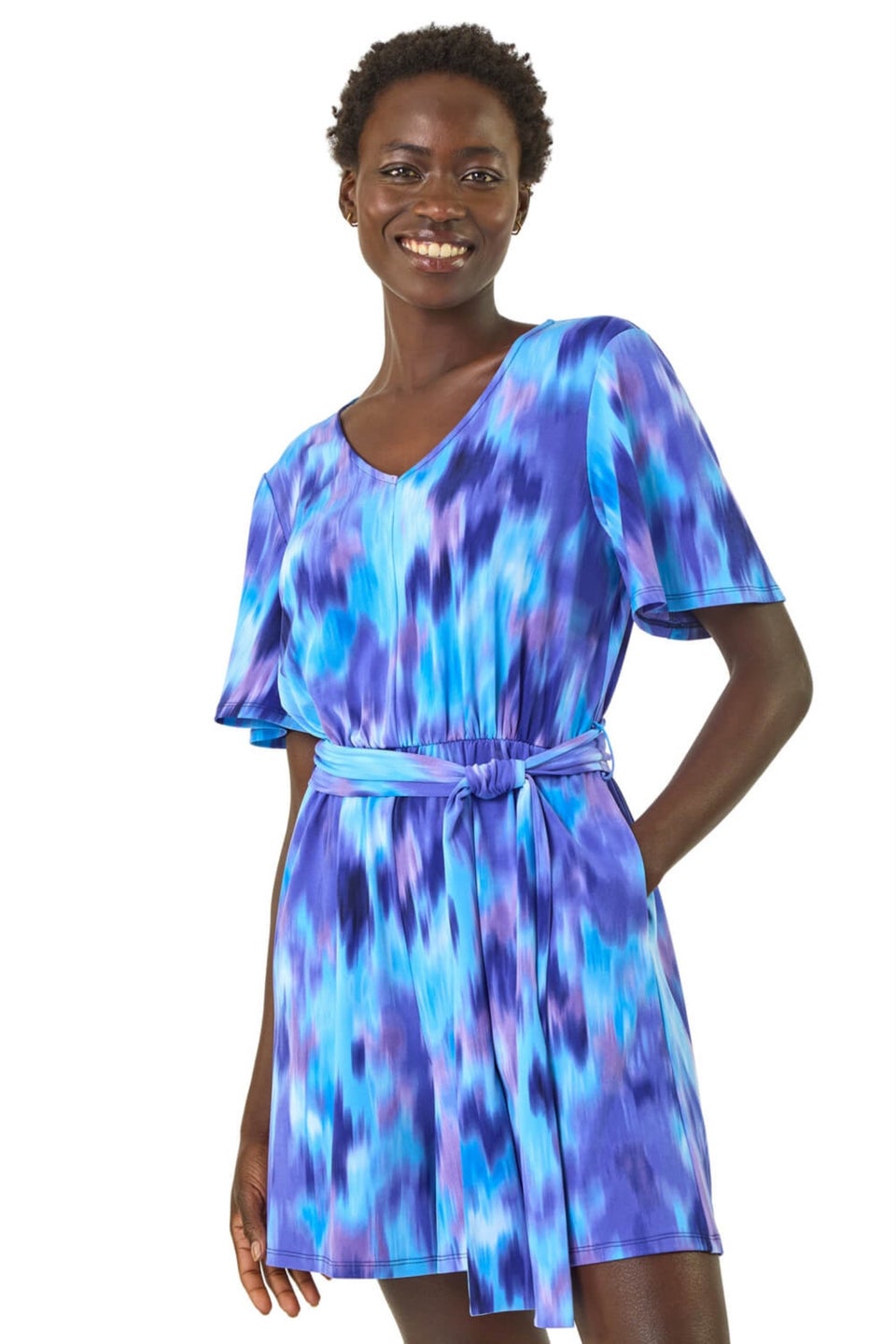 Roman Purple Abstract Print Belted Playsuit