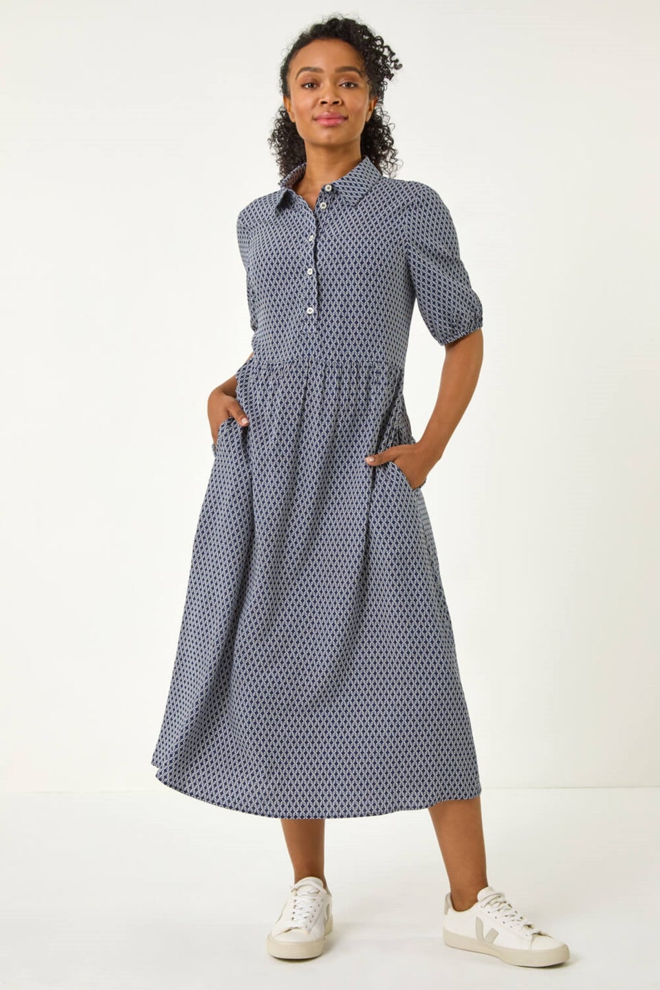 Roman Navy Petite Geo Print Button Midi Dress