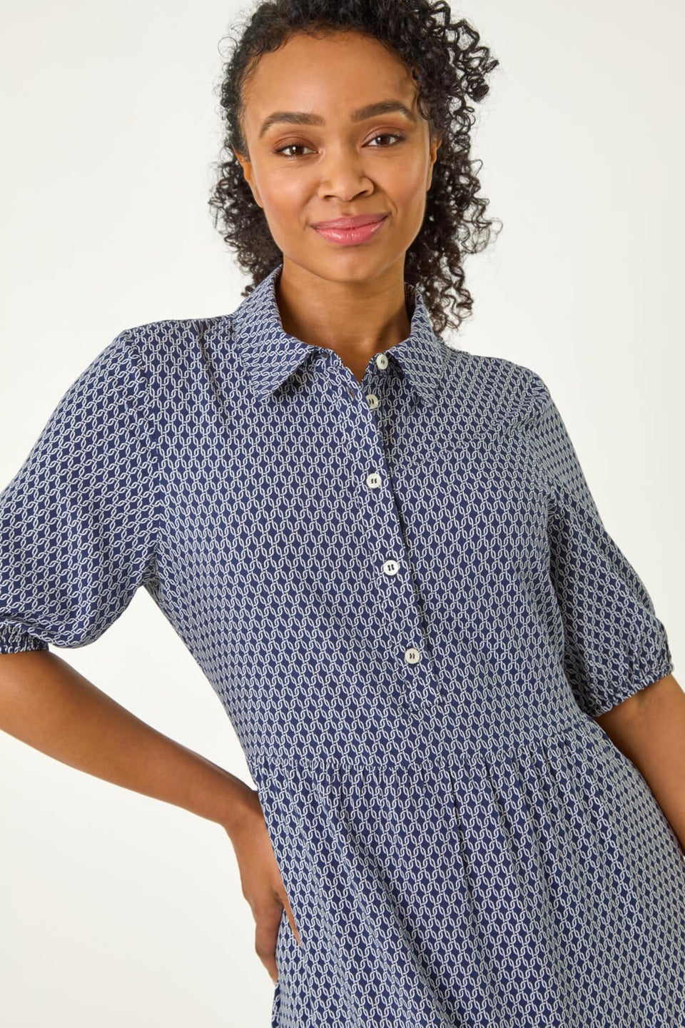 Roman Navy Petite Geo Print Button Midi Dress
