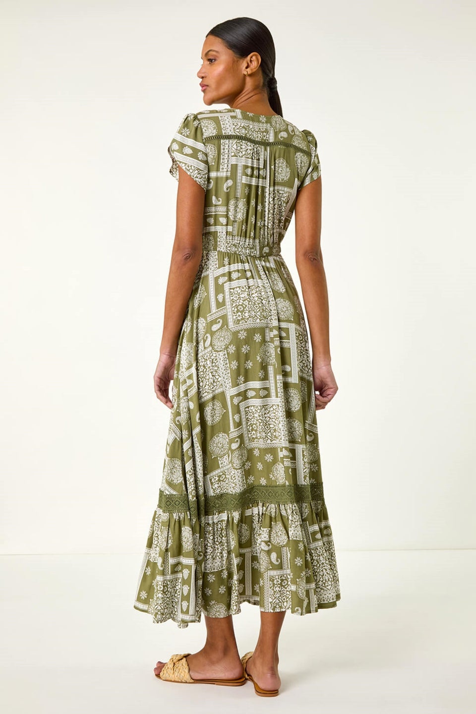 Roman Khaki Patchwork Lace Trim Maxi Dress