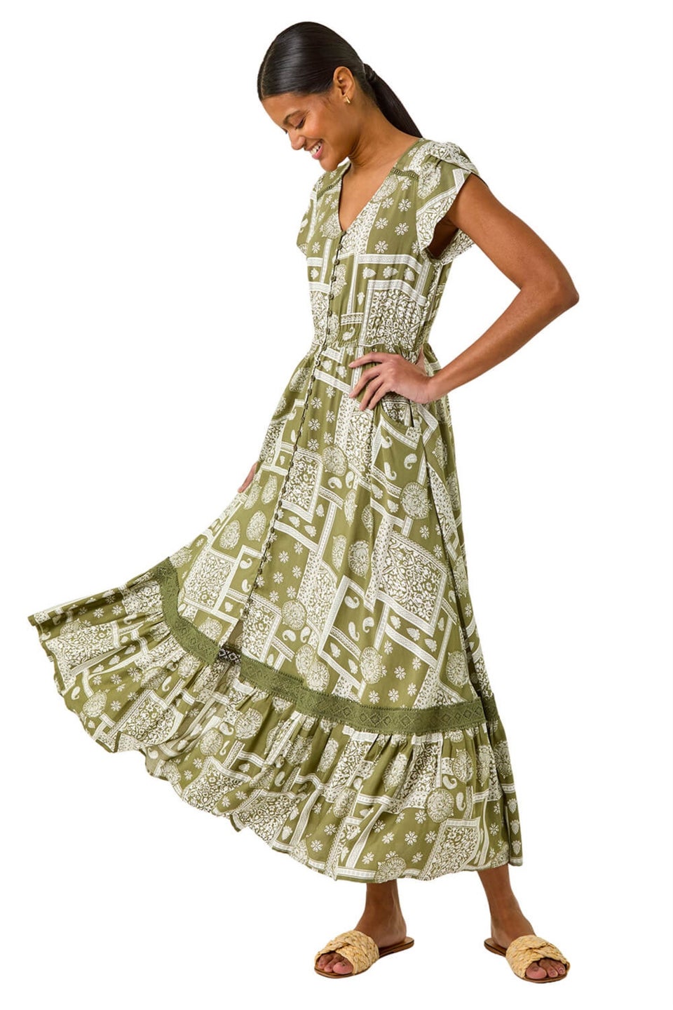 Roman Khaki Patchwork Lace Trim Maxi Dress