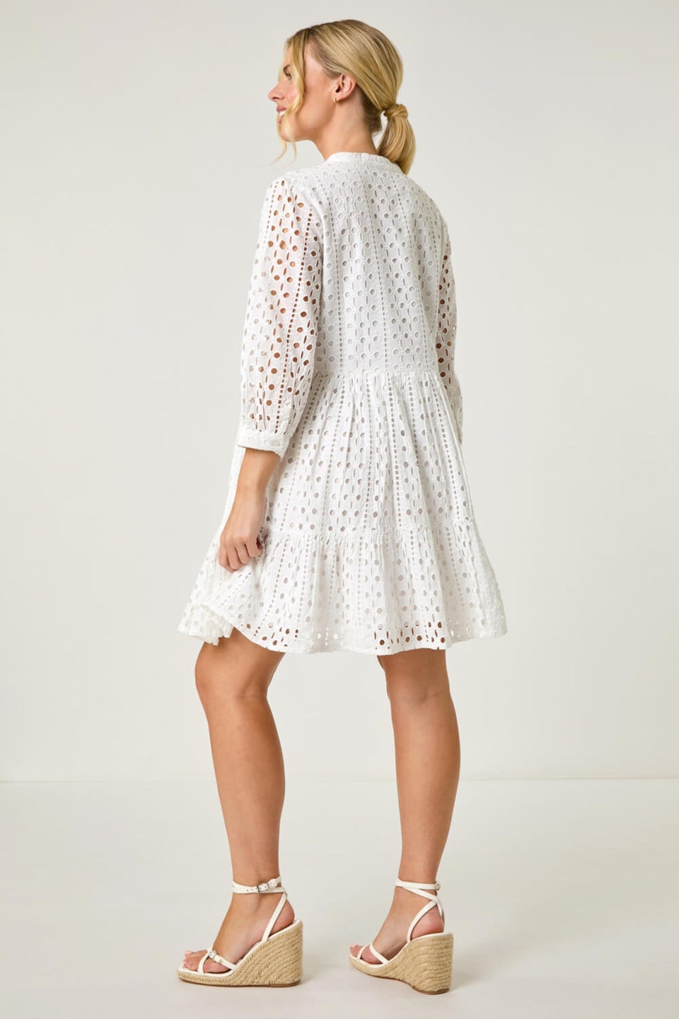 Roman White Petite Broderie Tiered Dress