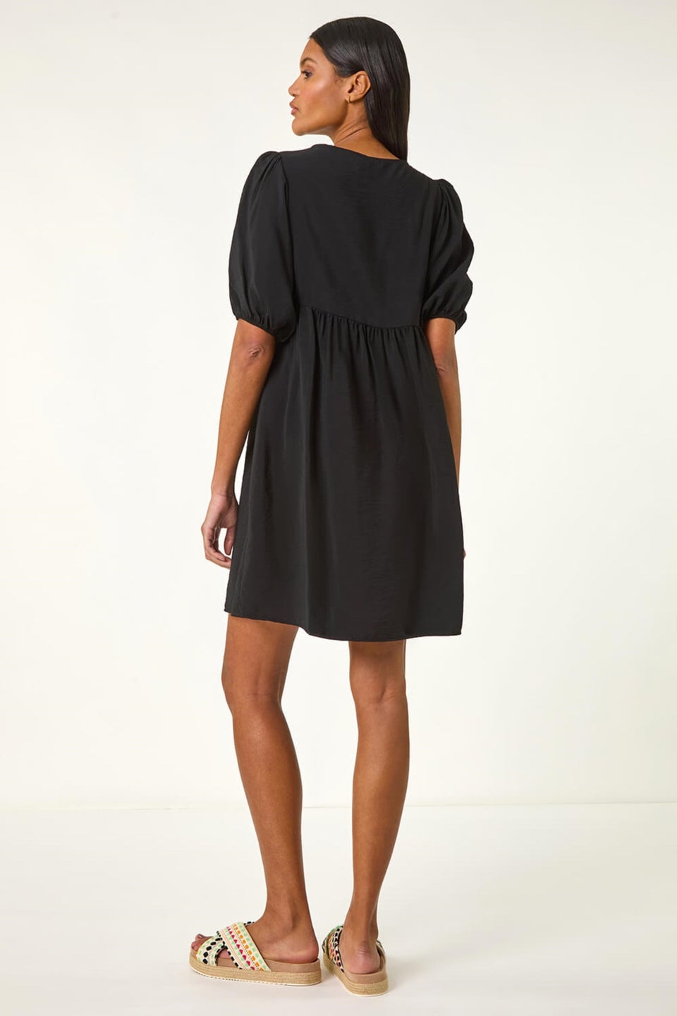 Roman Black Ring Detail V Neck Gathered Dress
