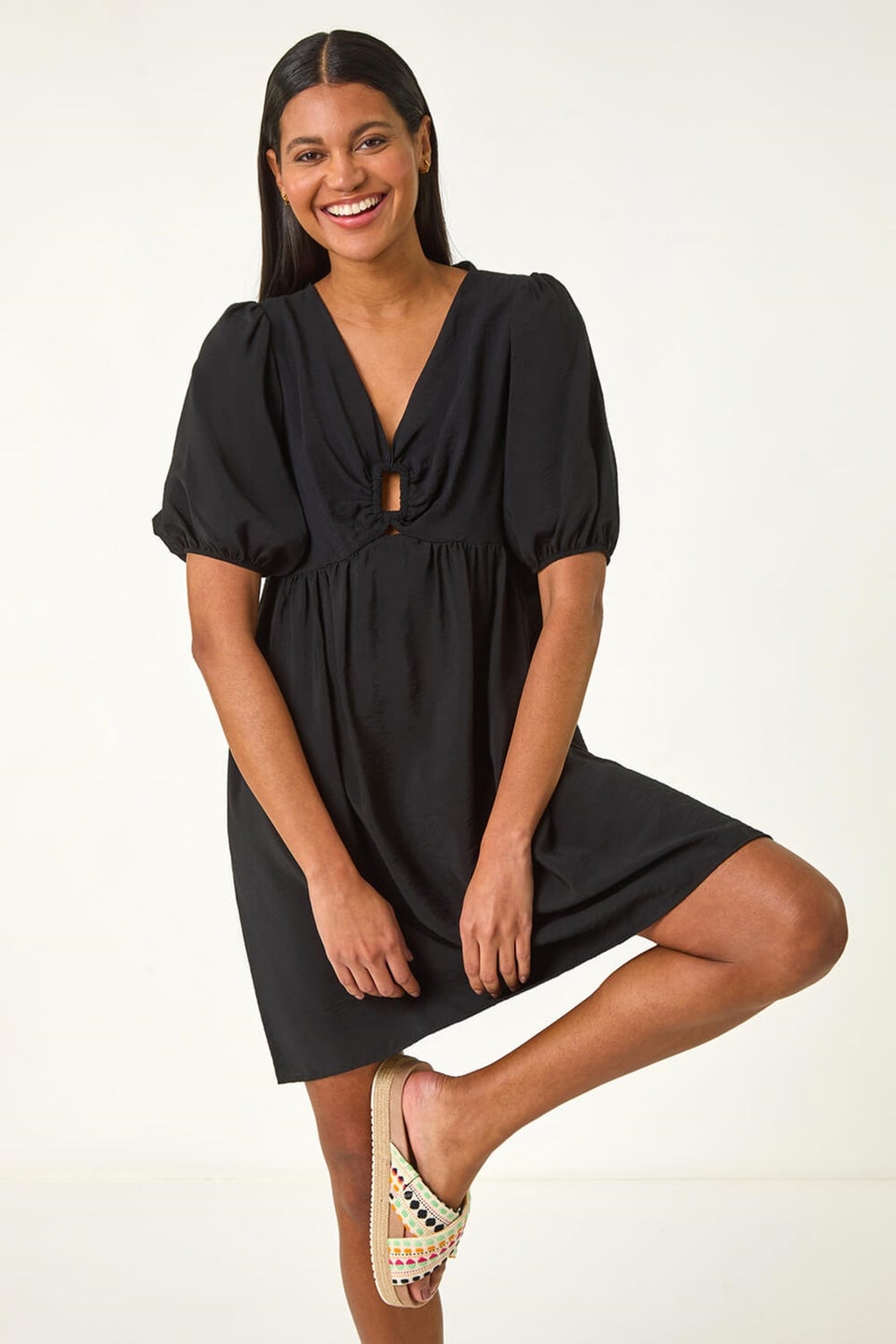 Roman Black Ring Detail V Neck Gathered Dress