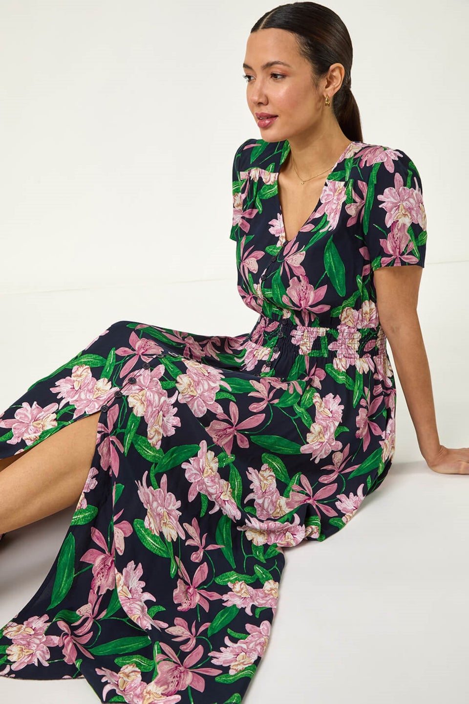 Roman Pink Floral Shirred Maxi Dress