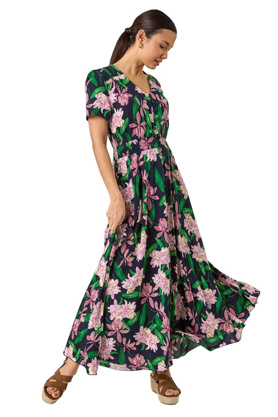Roman Pink Floral Shirred Maxi Dress