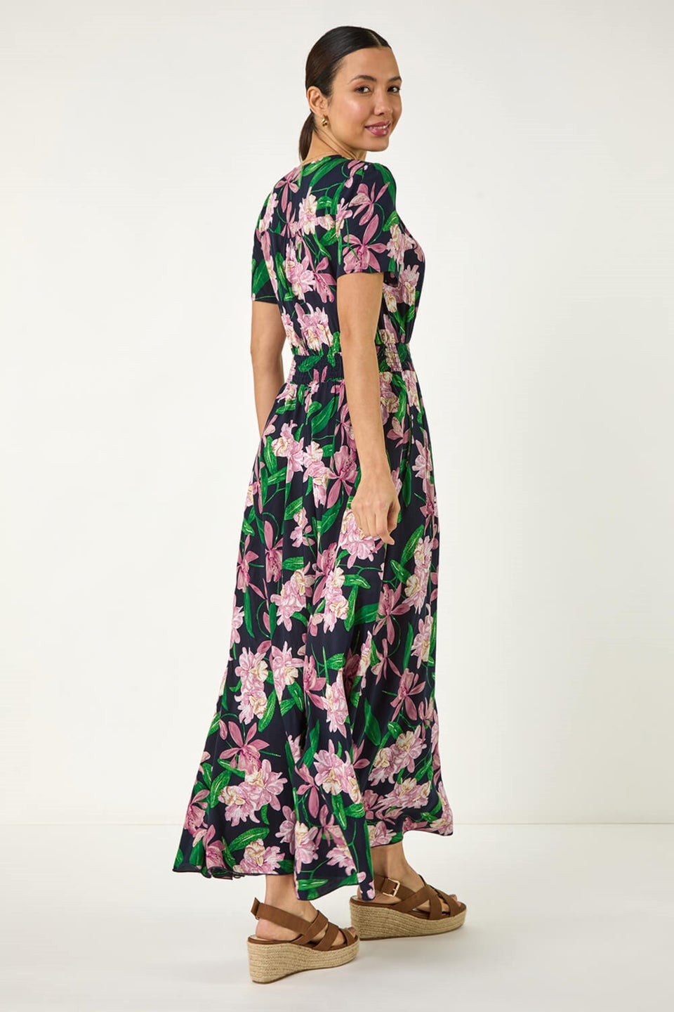 Roman Pink Floral Shirred Maxi Dress
