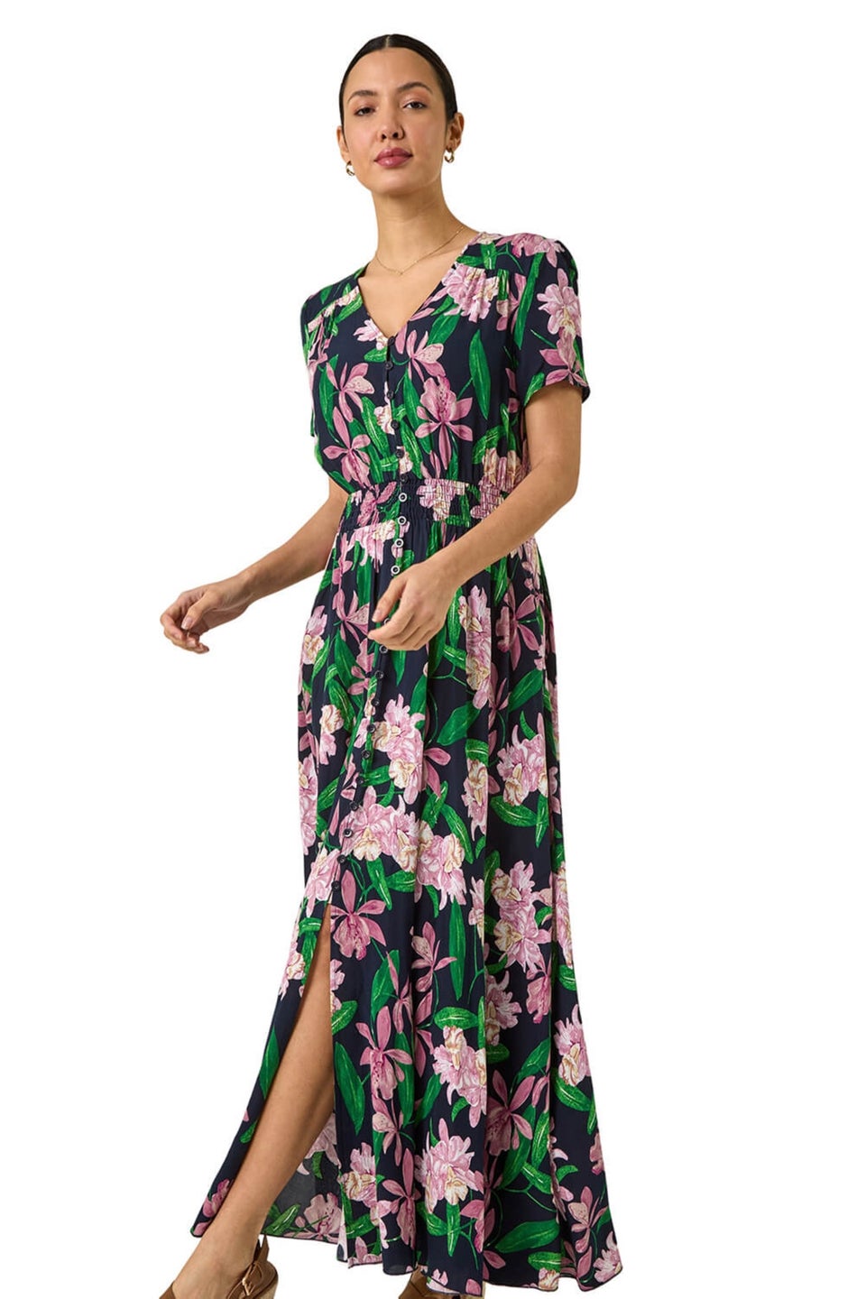 Roman Pink Floral Shirred Maxi Dress