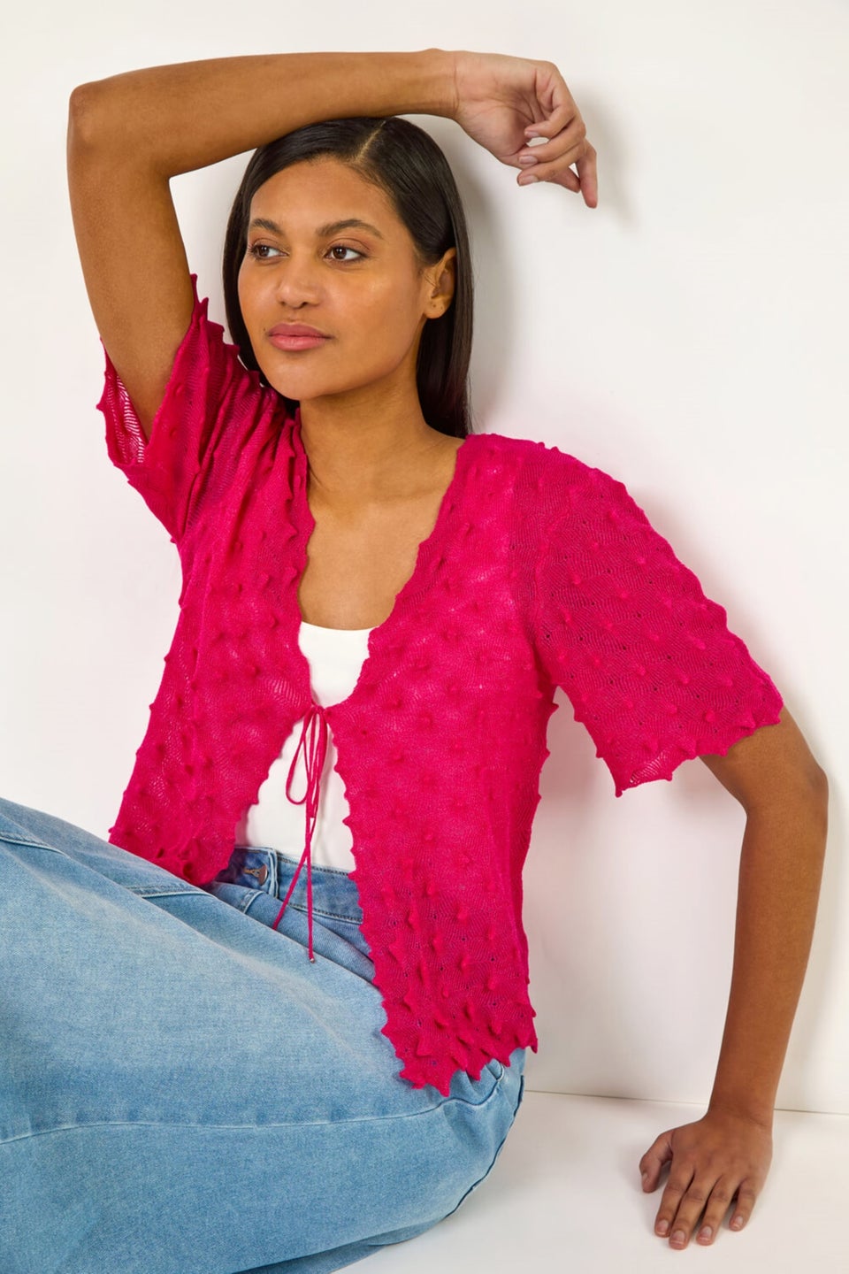 Roman Candy Pink Textured Tie Front Shrug