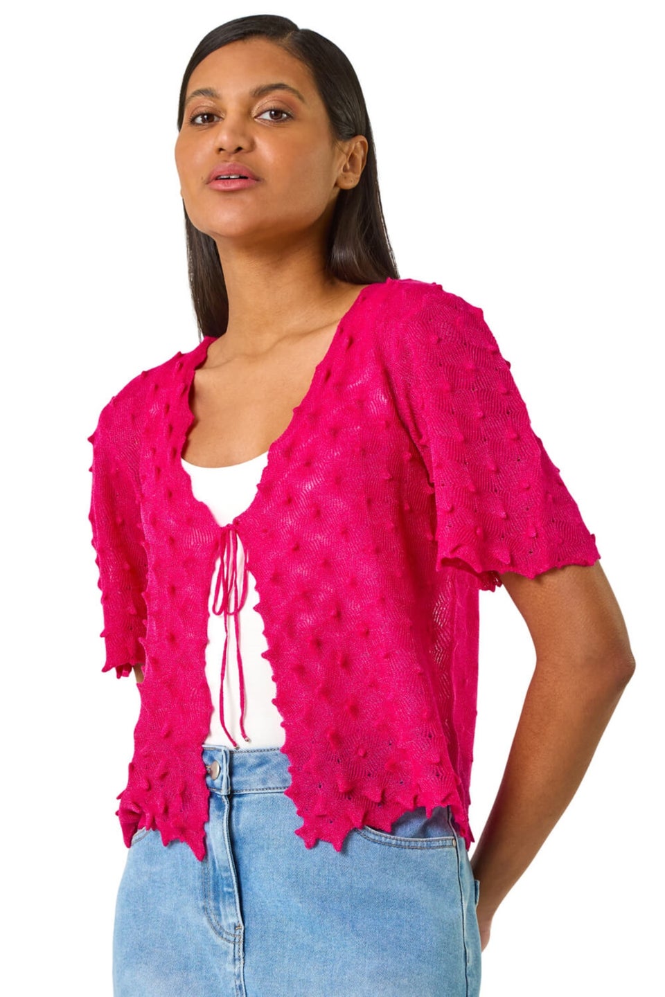 Roman Candy Pink Textured Tie Front Shrug