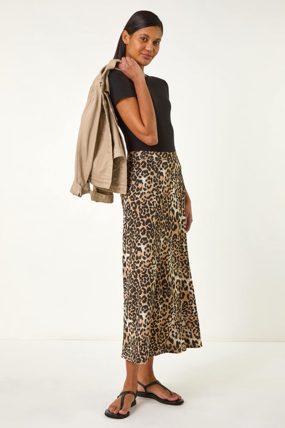 Roman Tan Leopard Print A Line Midi Skirt