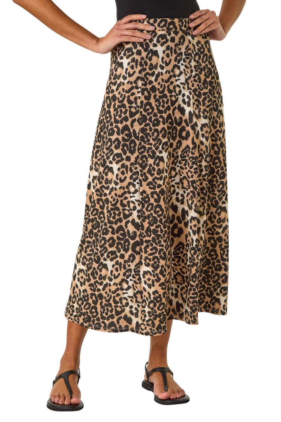 Roman Tan Leopard Print A Line Midi Skirt