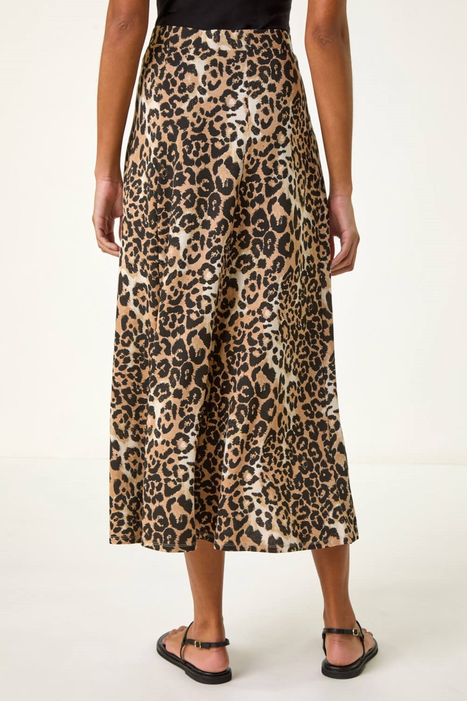 Roman Tan Leopard Print A Line Midi Skirt