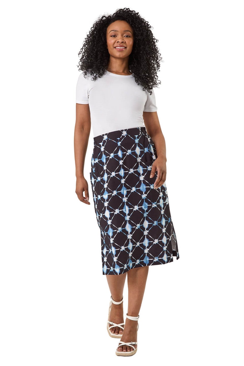 Roman Navy Petite Geometric Midi Skirt