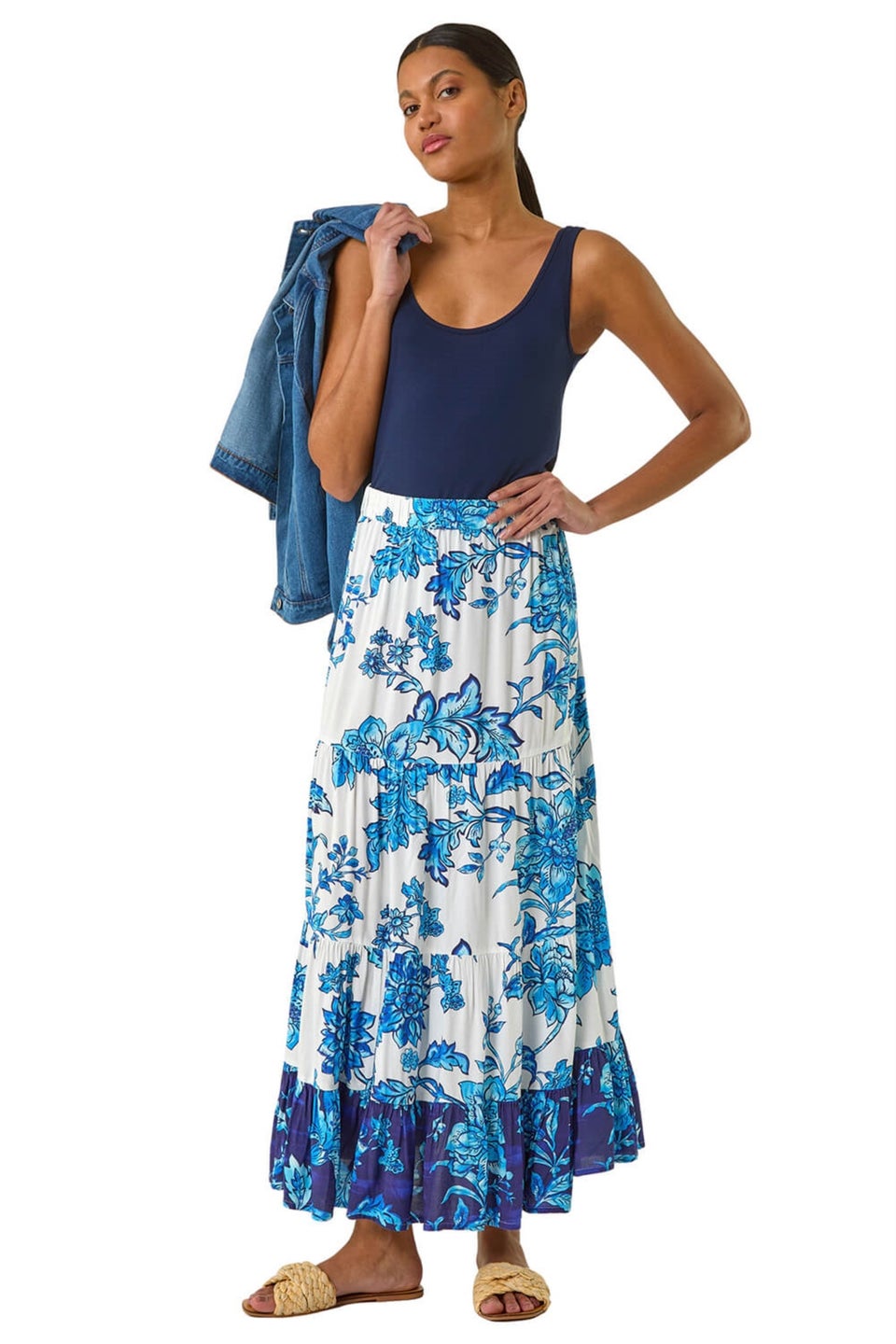 Roman Blue Contrast Floral Tiered Skirt