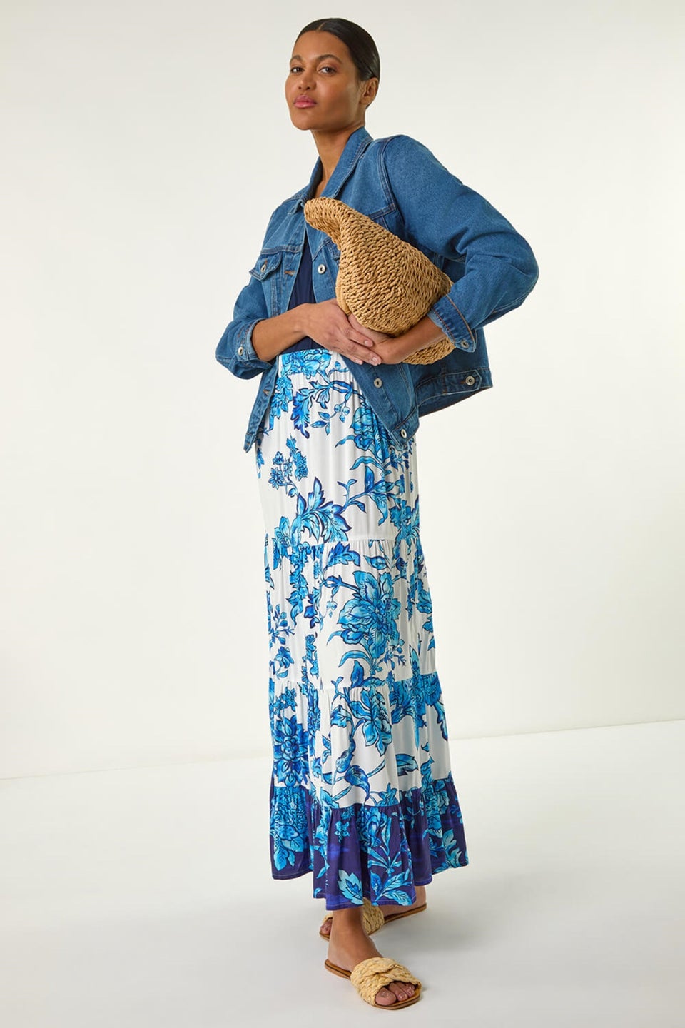 Roman Blue Contrast Floral Tiered Skirt