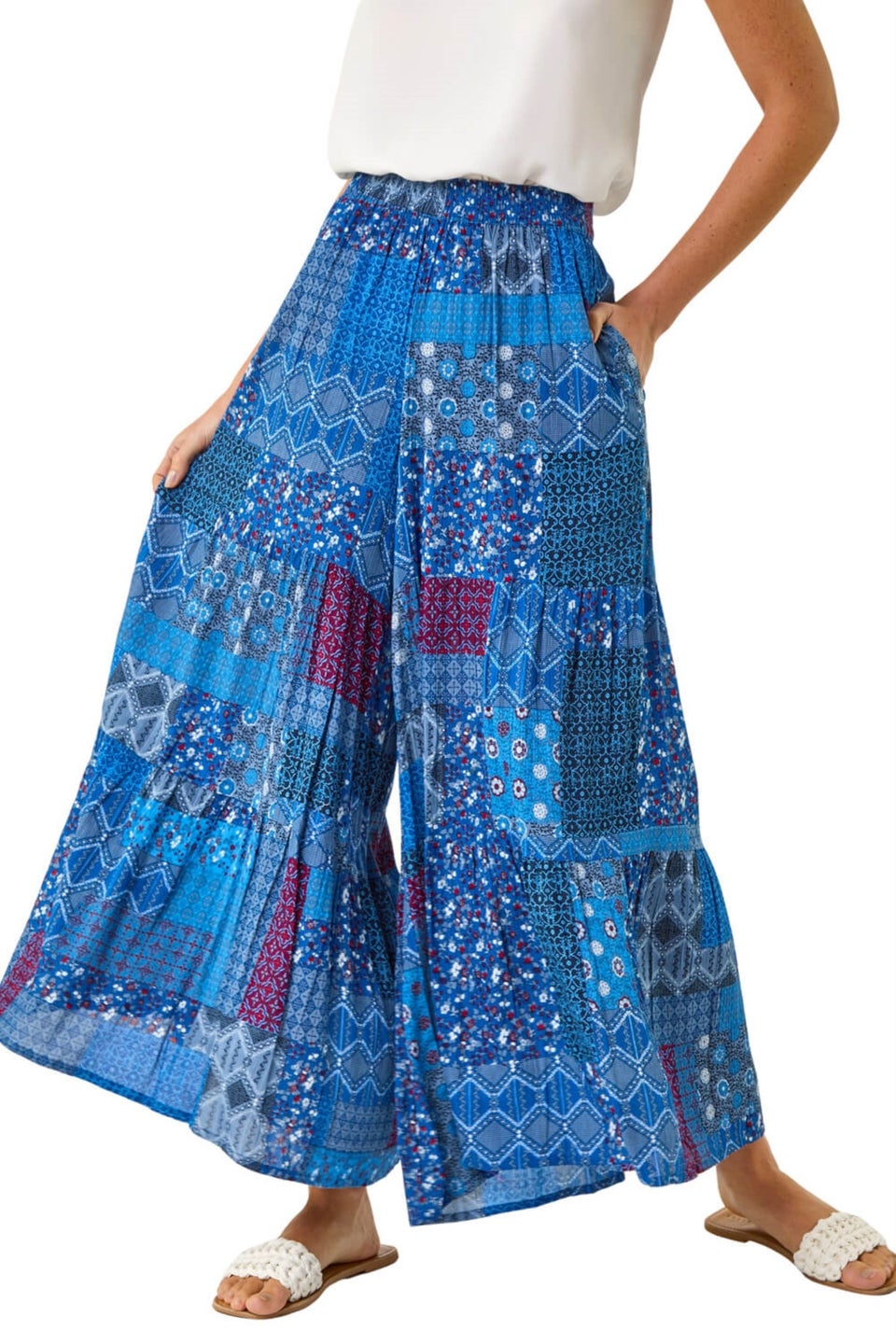 Roman Ink Blue Tile Tiered Palazzo Trouser