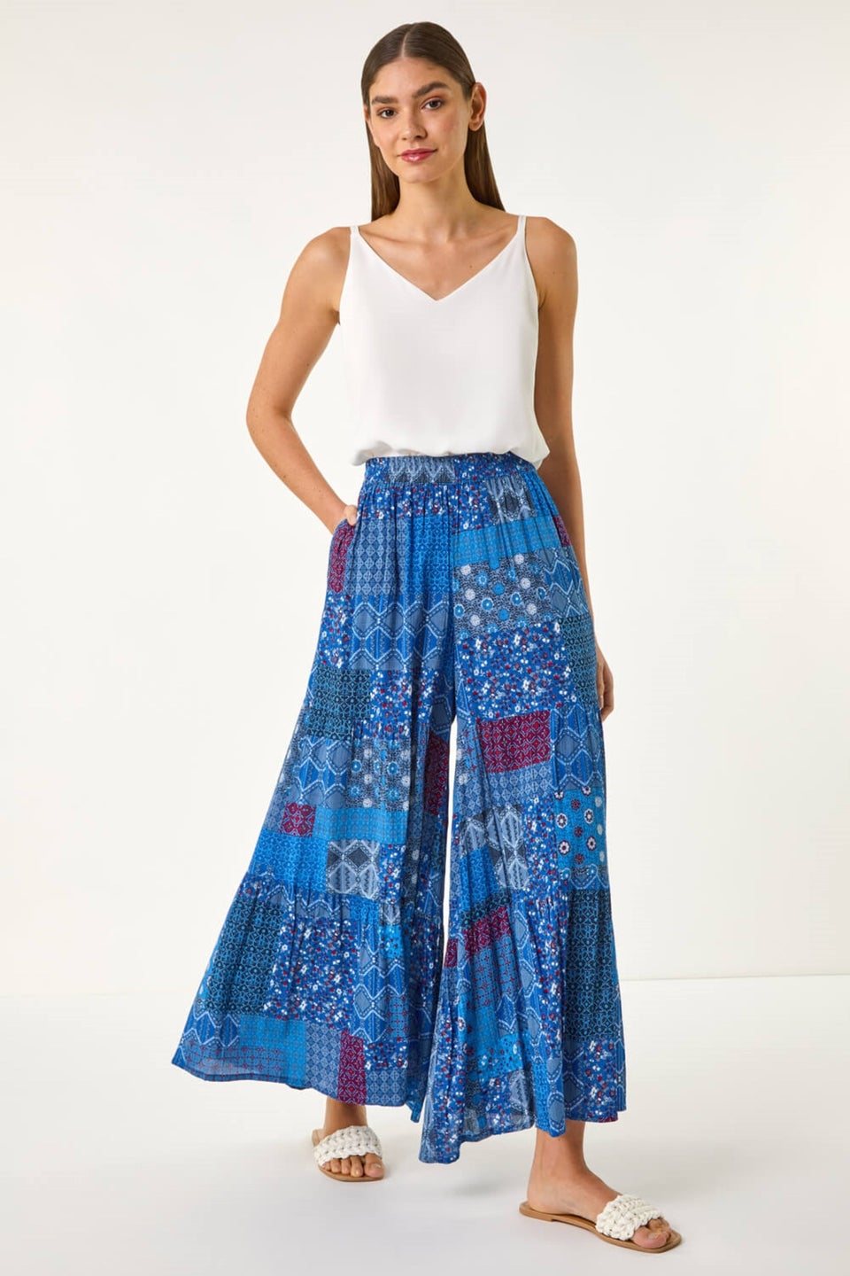 Roman Ink Blue Tile Tiered Palazzo Trouser