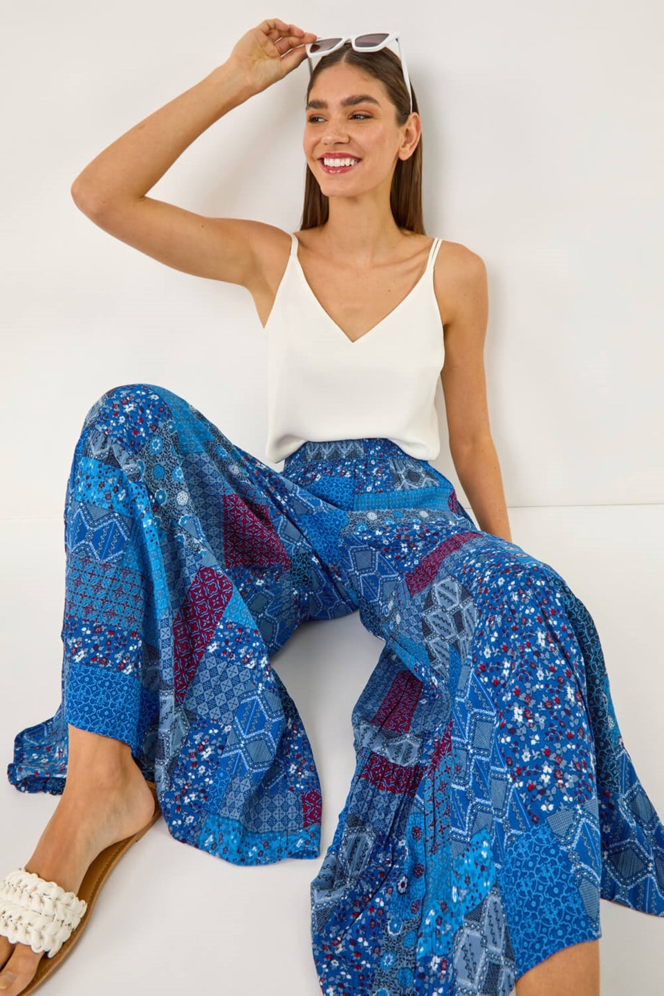 Roman Ink Blue Tile Tiered Palazzo Trouser