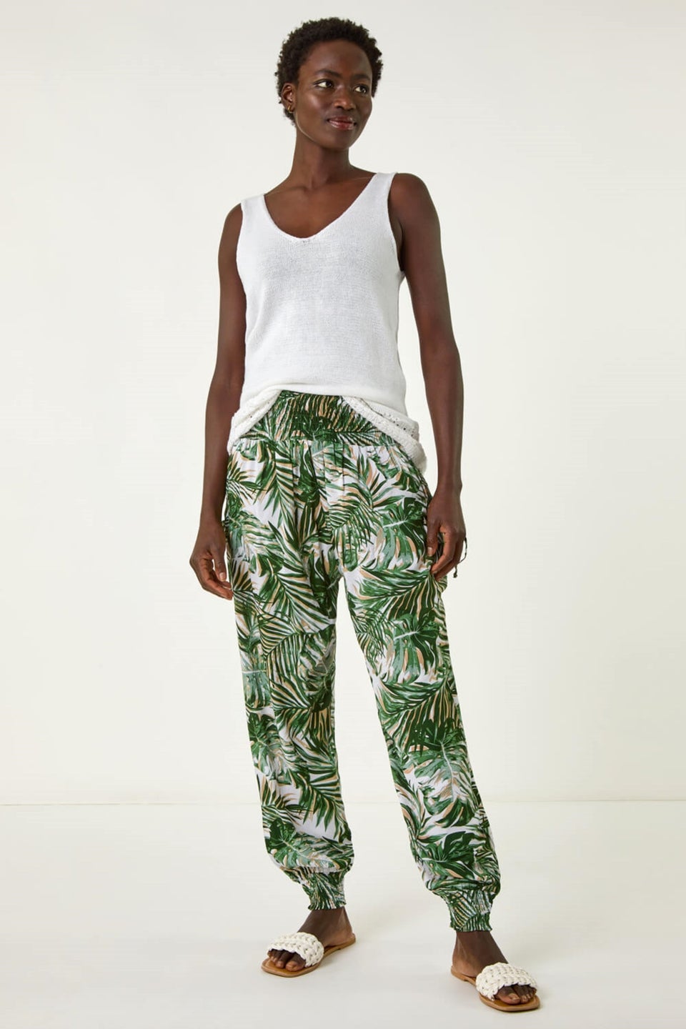Roman Green Palm Print Tie Pocket Trousers