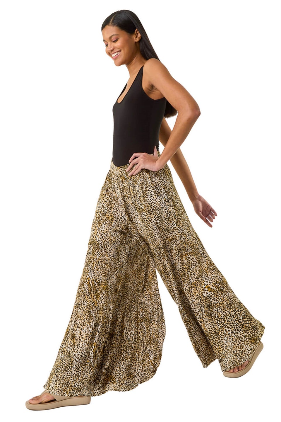 Roman Brown Animal Print Tiered Palazzo Trouser