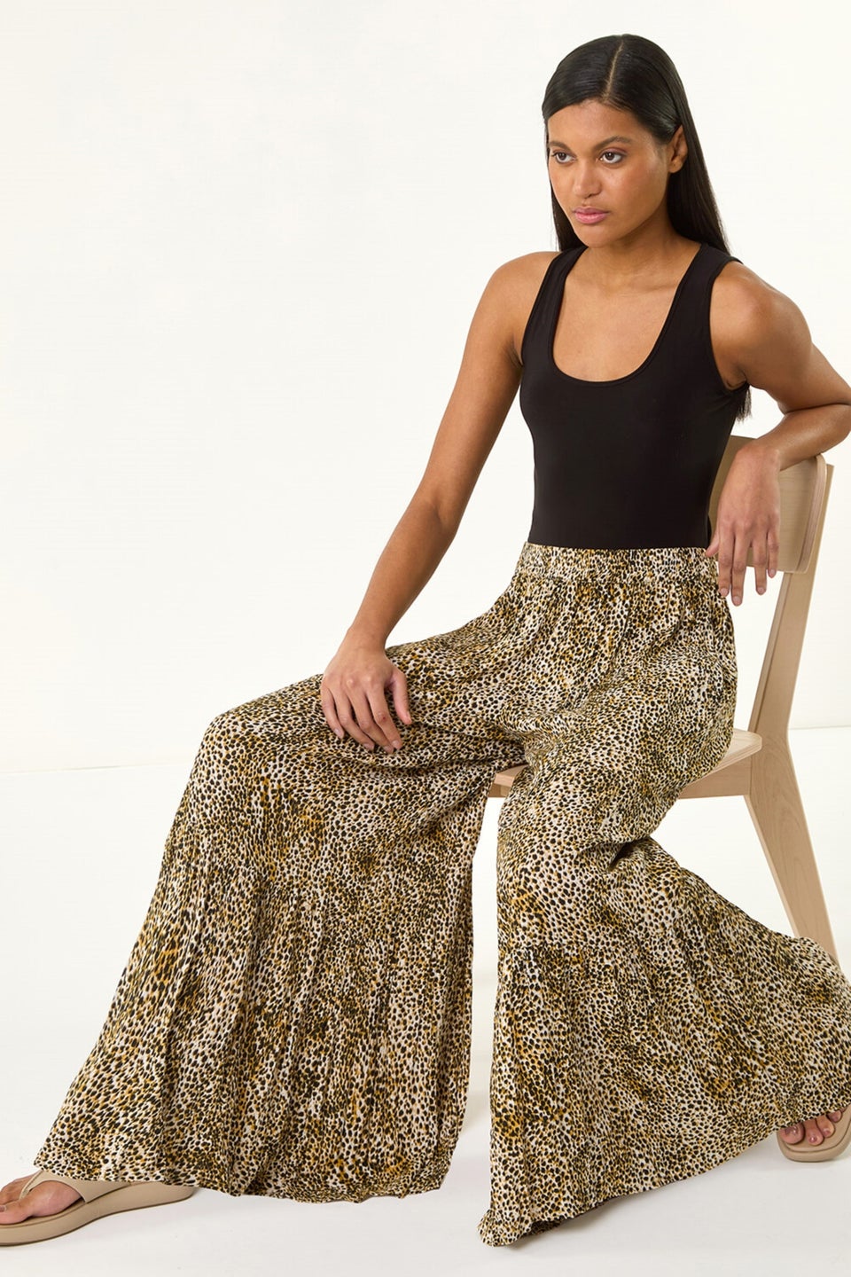 Roman Brown Animal Print Tiered Palazzo Trouser