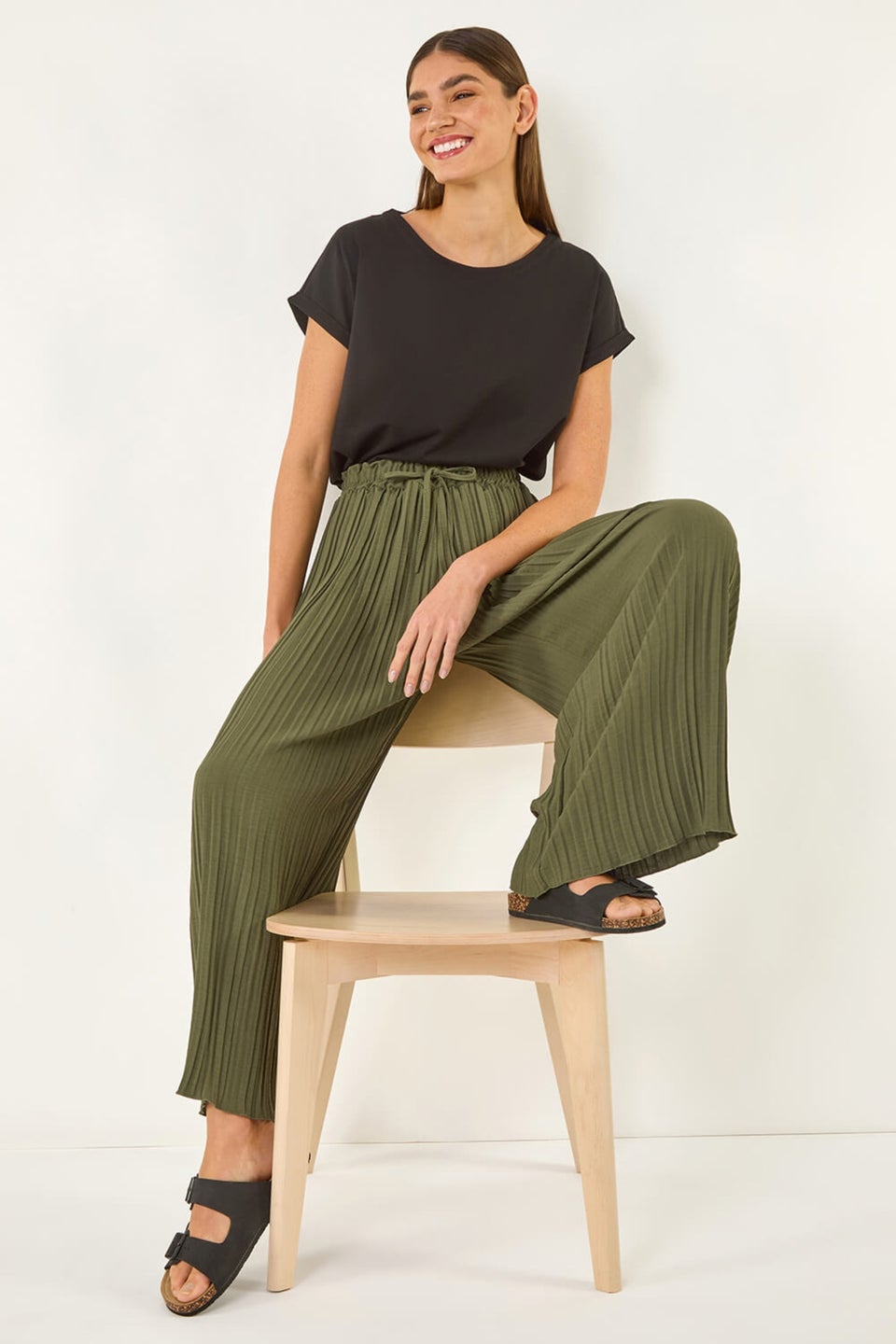 Roman Khaki Pleated Wide Leg Culottes