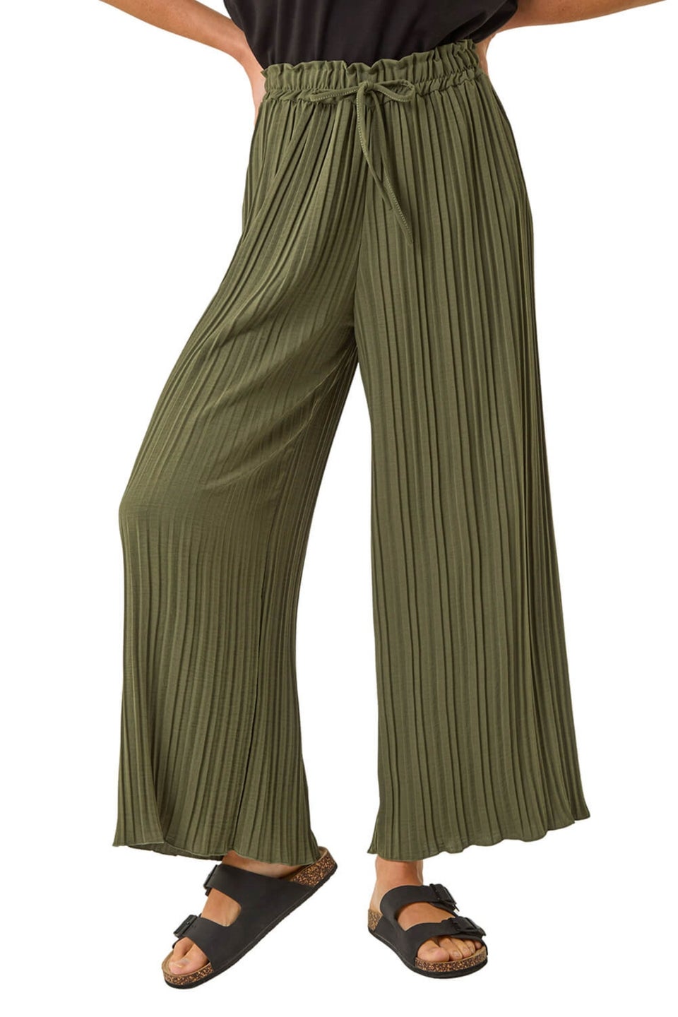 Roman Khaki Pleated Wide Leg Culottes