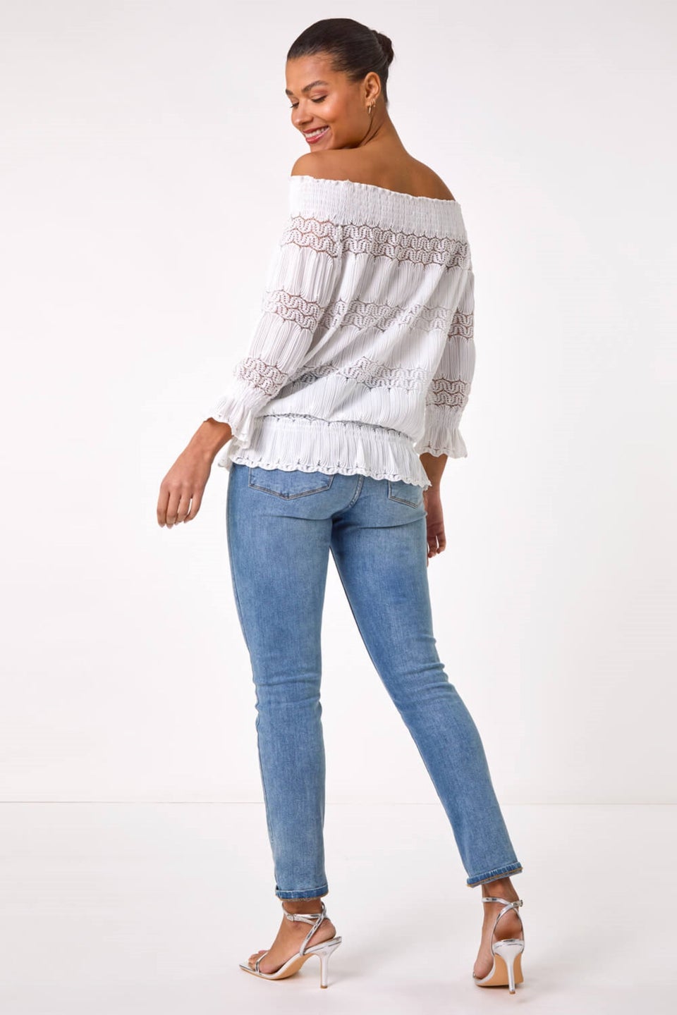 Roman Cream Lace Insert Frill Bardot Top