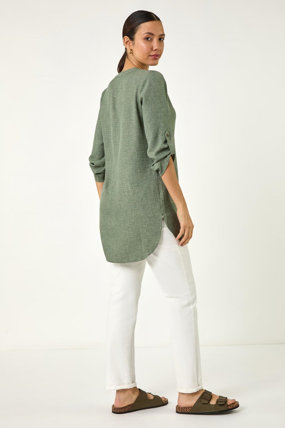 Roman Sage Longline V Neck Button Tunic Top
